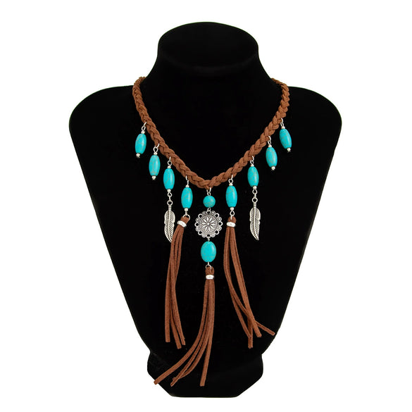 Jewelry Alloy Imitation Turquoise Velvet Woven Tassel Clavicle Chain With Electroplating For Women