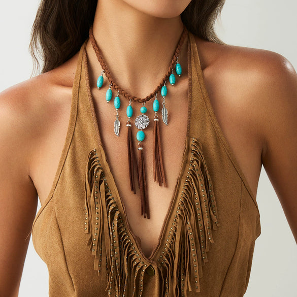 Jewelry Alloy Imitation Turquoise Velvet Woven Tassel Clavicle Chain With Electroplating For Women
