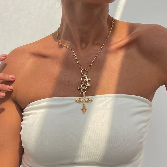 Jewelry Alloy Iron Chain Rhinestone Geometric Cross Electroplated Women's Clavicle Necklace
