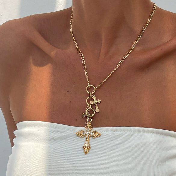 Jewelry Alloy Iron Chain Rhinestone Geometric Cross Electroplated Women's Clavicle Necklace