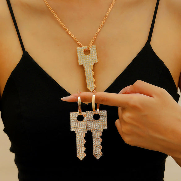 Jewelry Alloy Key Design Set With Diamonds Women's Earrings Necklace Pendant