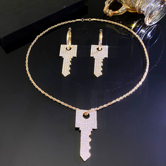 Jewelry Alloy Key Design Set With Diamonds Women's Earrings Necklace Pendant
