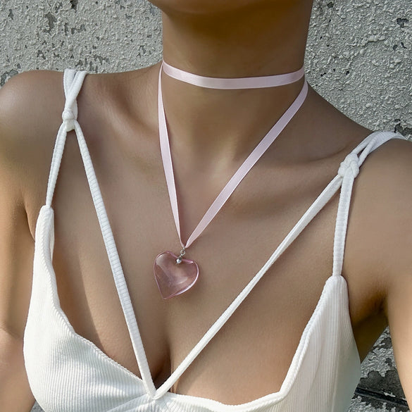 Jewelry Alloy Leather Wax Thread Flannel Handmade Heart Pendant Choker Necklace