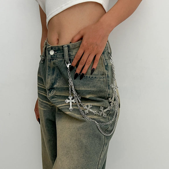 Jewelry Alloy Minimalist Style Diamondstudded Cross Pendant Multilayer Unisex Waist Chain With Multiple Circles And Lobster Clasp