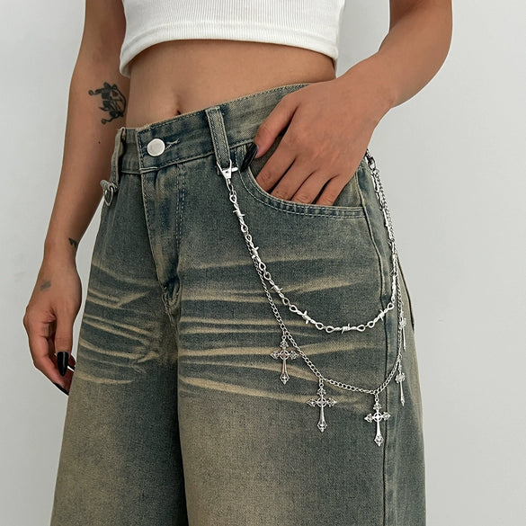 Jewelry Alloy Minimalist Style Diamondstudded Cross Pendant Multilayer Unisex Waist Chain With Multiple Circles And Lobster Clasp