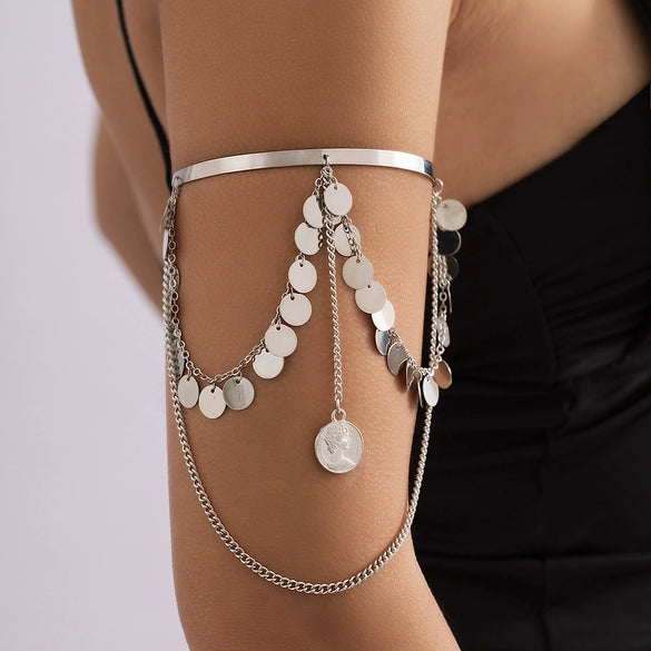 Jewelry Alloy Open Metal Chain Bracelet Geometric Retro Portraits Sequins U Shaped Tassel Electroplated For Women