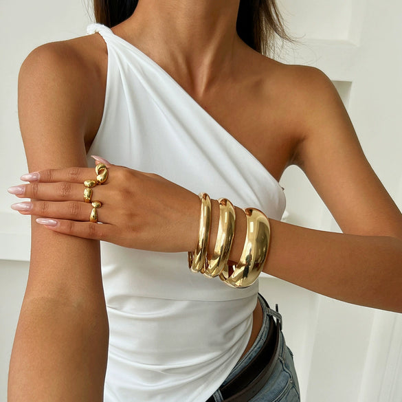 Jewelry Alloy Oval Arc Bracelet Set And Water Drop Hug Open Ring Electroplating Niche Geometric Style For Women