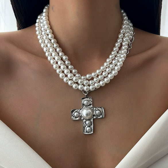 Jewelry Alloy Pendant Clavicle Chain With Geometric Pattern Imitation Pearl Beaded Electroplated For Women
