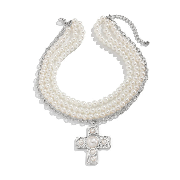 Jewelry Alloy Pendant Clavicle Chain With Geometric Pattern Imitation Pearl Beaded Electroplated For Women