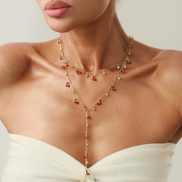 Jewelry Alloy Pendant Copper Chain Fruit Pattern Electroplated Cherry Yshaped Clavicle Necklace For Women