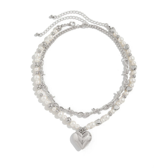 Jewelry Alloy Pendant Necklace With Imitation Pearl Beaded Clavicle Chain Heart Shape Electroplating Versatile Style For Women