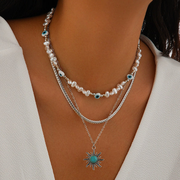Jewelry Alloy Pendant Necklace With Turquoise Sunflower Beads Copper Iron Acrylic Rice Beads Electroplated Geometric Style For Women