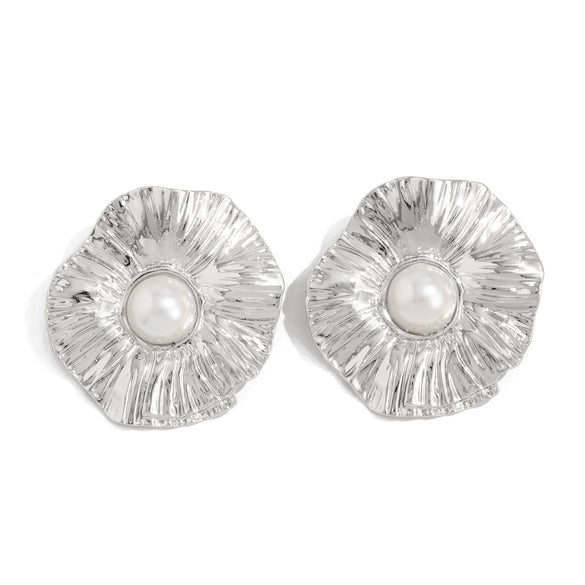 Jewelry Alloy Pleated Petal Exaggerated Asymmetrical Imitation Pearl Flower Electroplated Earrings For Women