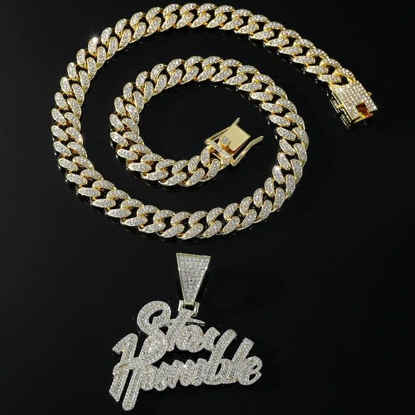 Jewelry Alloy Rhinestone Diamond Stitching Letter Pendant Necklace Hiphop Style Cuban Chain