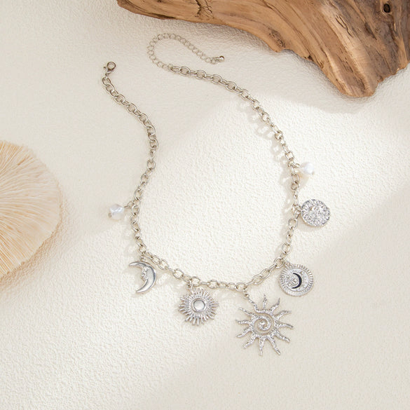 Jewelry Alloy Star Crescent Moon Pendant Necklace With Electroplating And Imitation Pearl Clavicle Chain