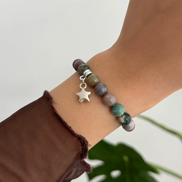 Jewelry Alloy Sweet Asymmetrical Gravel Beaded Bracelet With Star Metal Pendant And Electroplating