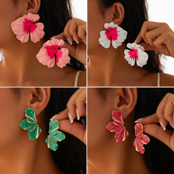 Jewelry Alloy Sweet Gradient Oil Drop Flower Electroplating Irregular Earrings
