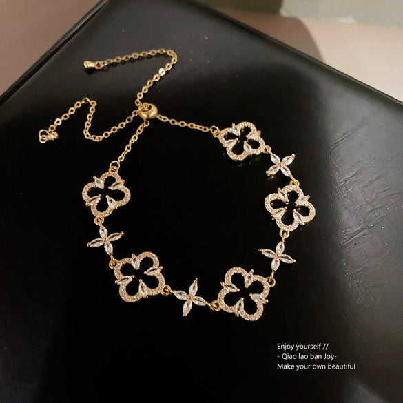 Jewelry Alloy Sweet Sakura Leaves Shaped Bracelet Microinlaid Zircon Set With Diamonds Fashion Style