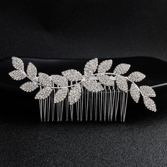 Jewelry Alloy Waveshaped Rhinestone Leaf Multitooth Bridal Hair Comb With Flower Pattern Electroplating For Women