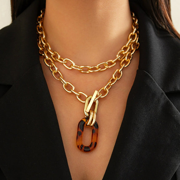 Jewelry Aluminum Chain And Acrylic Geometric Irregular Leopard Buckle Clavicle Chain Electroplated For Women Highend