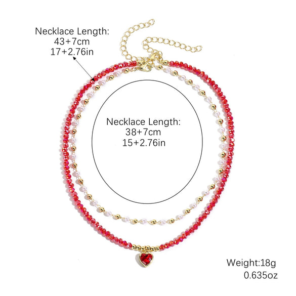 Jewelry Artificial Crystal Beaded Double Layer Necklace With Alloy Pendant Heart Shape Geometric Style Electroplating