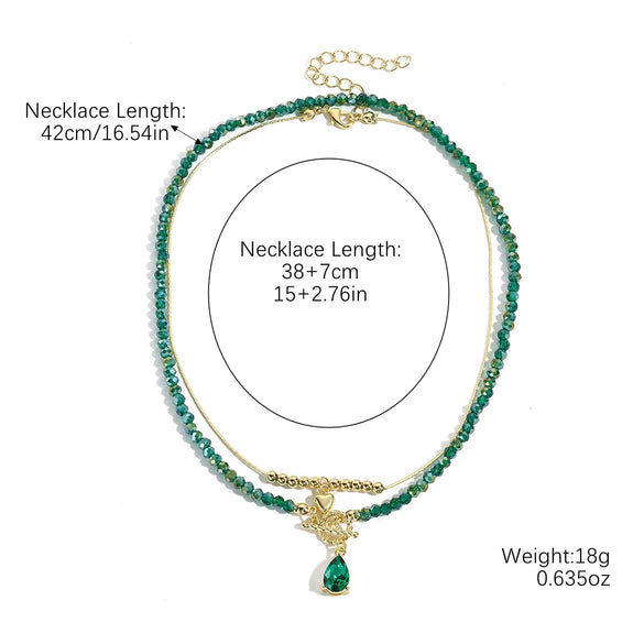 Jewelry Artificial Crystal Beaded Double Layer Necklace With Alloy Pendant Heart Shape Geometric Style Electroplating