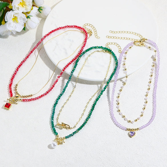 Jewelry Artificial Crystal Beaded Double Layer Necklace With Alloy Pendant Heart Shape Geometric Style Electroplating