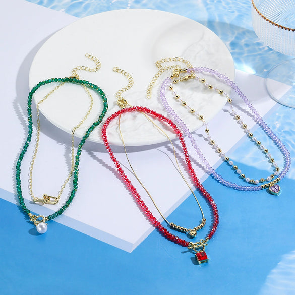 Jewelry Artificial Crystal Beaded Double Layer Necklace With Alloy Pendant Heart Shape Geometric Style Electroplating
