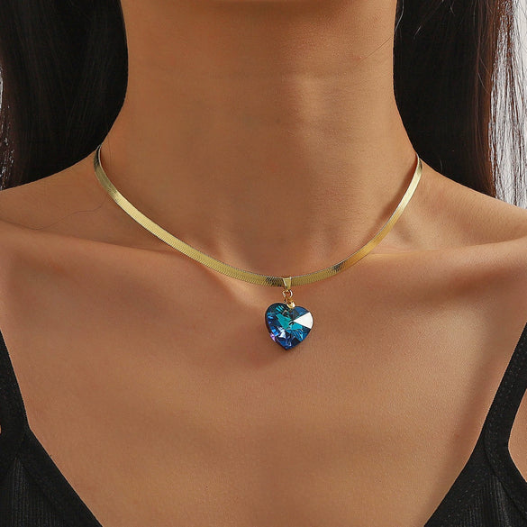 Jewelry Artificial Crystal Heart Pendant Snake Bone Chain Electroplated Simple Style