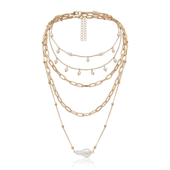 Jewelry Artificial Pearl Metal Geometric Multi Layer Chain Necklace With Electroplating Treatment
