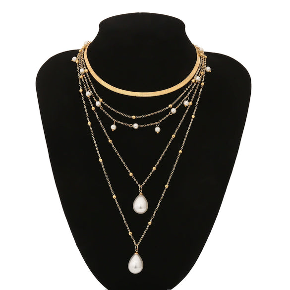 Jewelry Artificial Pearl Metal Geometric Multi Layer Chain Necklace With Electroplating Treatment