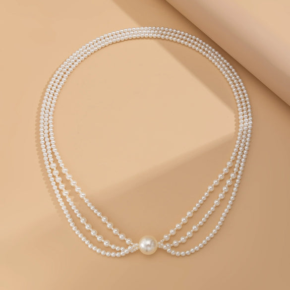 Jewelry Baroque Geometric Imitation Pearl Beaded Clavicle Chain Multilayer Long Necklace With Electroplating