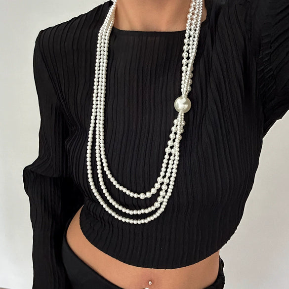 Jewelry Baroque Geometric Imitation Pearl Beaded Clavicle Chain Multilayer Long Necklace With Electroplating