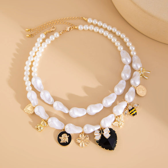 Jewelry Baroque Imitation Pearl Alloy Beaded Necklace With Heart Shape Pendant And Electroplating Design