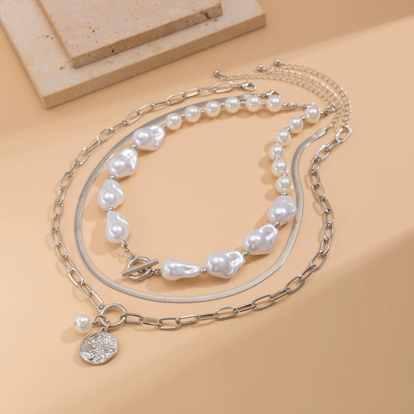 Jewelry Baroque Shaped Imitation Pearl And Alloy Clavicle Chain With Geometric Pendant Electroplated Multilayer Necklace