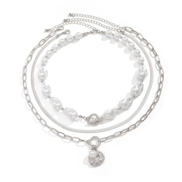 Jewelry Baroque Shaped Imitation Pearl And Alloy Clavicle Chain With Geometric Pendant Electroplated Multilayer Necklace