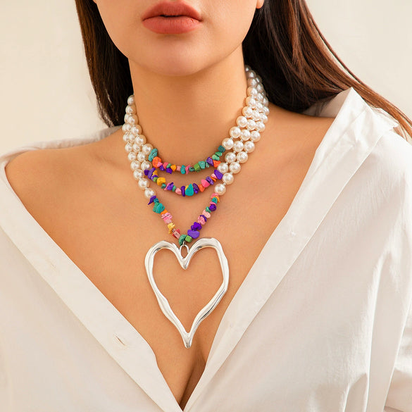 Jewelry Beaded Imitation Pearl Necklace Plastic Resin Alloy Heart Shape Electroplated For Women