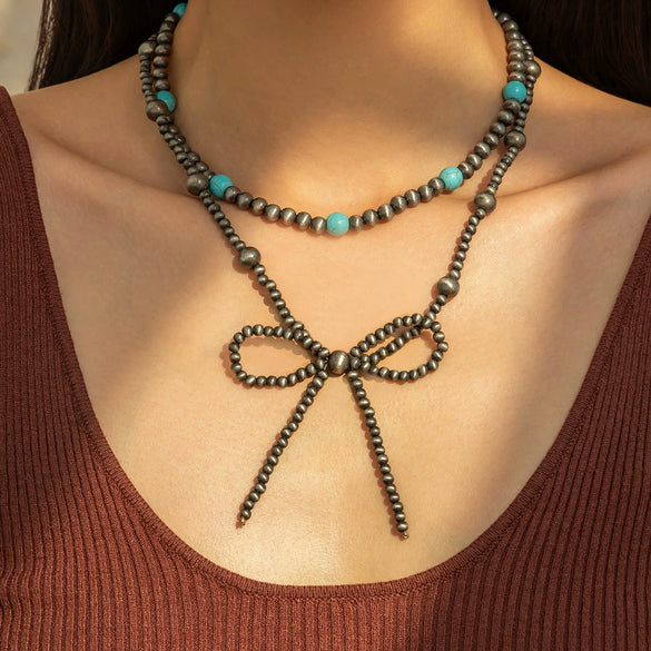 Jewelry Bohemian Bow Beaded Necklace Velvet Alloy Imitation Turquoise Electroplated