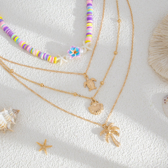 Jewelry Bohemian Colored Soft Pottery Beaded Alloy Clavicle Chain With Flower Shape And Electroplating