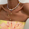 Jewelry Bohemian Colored Soft Pottery Beaded Alloy Clavicle Chain With Flower Shape And Electroplating