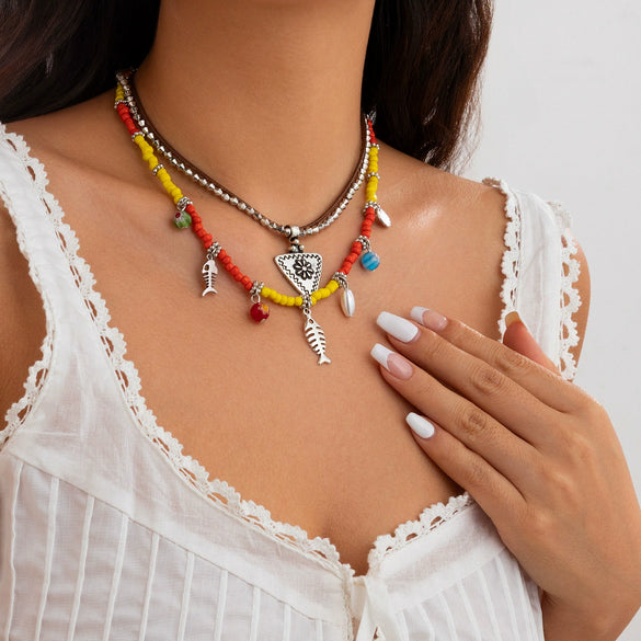 Jewelry Bohemian Geometric Multilayer Necklace With Alloy Pendant Rice Beads Ccb Leather Wax Thread Electroplated