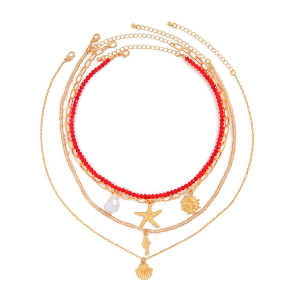 Jewelry Bohemian Geometric Multilayer Necklace With Alloy Pendant Rice Beads Ccb Leather Wax Thread Electroplated