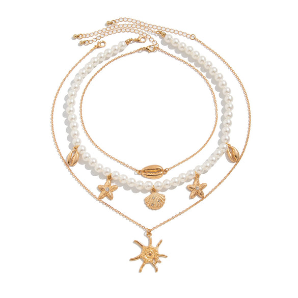 Jewelry Bohemian Imitation Pearl Copperclad Iron Chain Alloy Star Geometric Electroplated Pendant Necklace