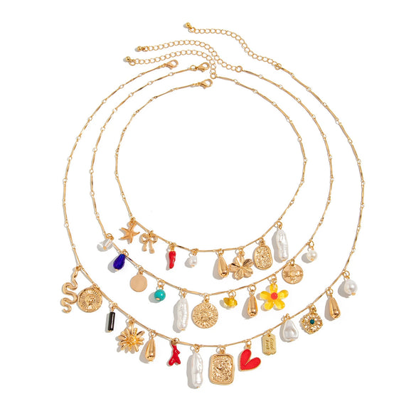 Jewelry Bohemian Metal Iron Chain Alloy Imitation Pearl Acrylic Turquoise Animal Zodiac Heart Multilayer Necklace Electroplating