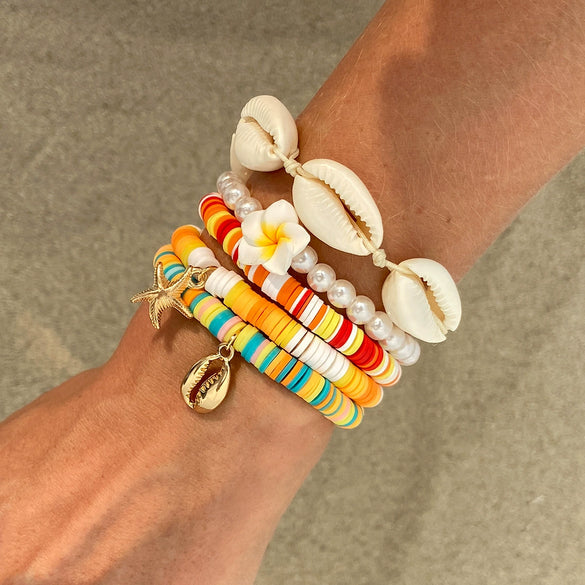 Jewelry Bohemian Polymer Clay Imitation Pearl Shell Alloy Flower Pendant Bracelet Electroplated