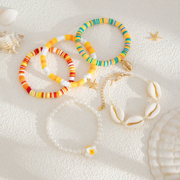 Jewelry Bohemian Polymer Clay Imitation Pearl Shell Alloy Flower Pendant Bracelet Electroplated