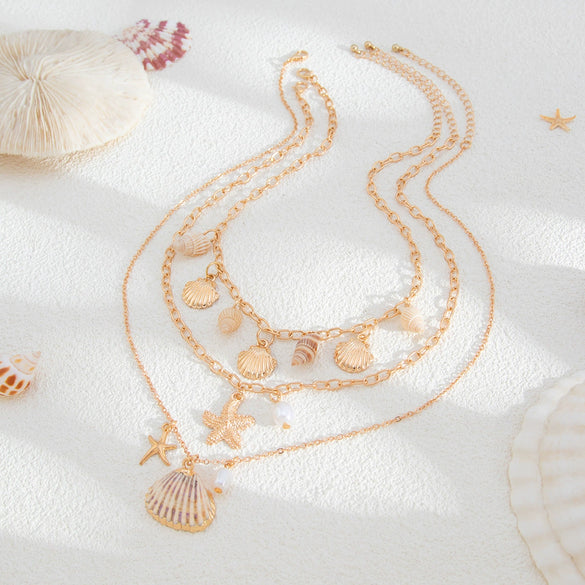 Jewelry Bohemian Shell Starfish Pendant Necklace Alloy Pearl Clavicle Chain Geometric Electroplating