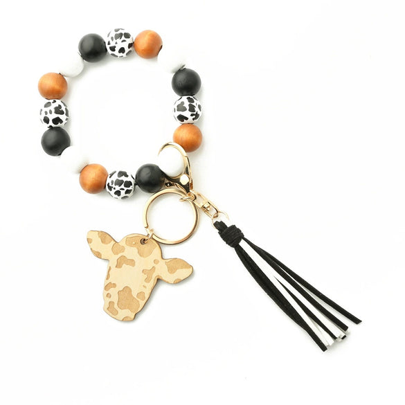 Jewelry Bracelet Keychain Cowboy Style Wood Bull Head Tassel Pendant