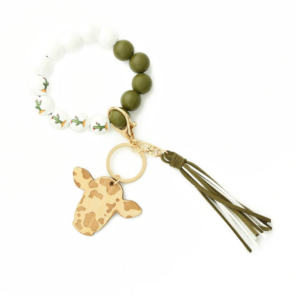 Jewelry Bracelet Keychain Cowboy Style Wood Bull Head Tassel Pendant