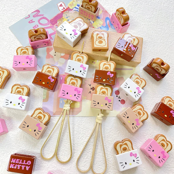 Jewelry Bracelet Necklace Mobile Phone Chain Beaded Accessories Plastic Resin Line Pattern Baking Paint Diy Handmade Cartoon Cute Bread Kitty Cat